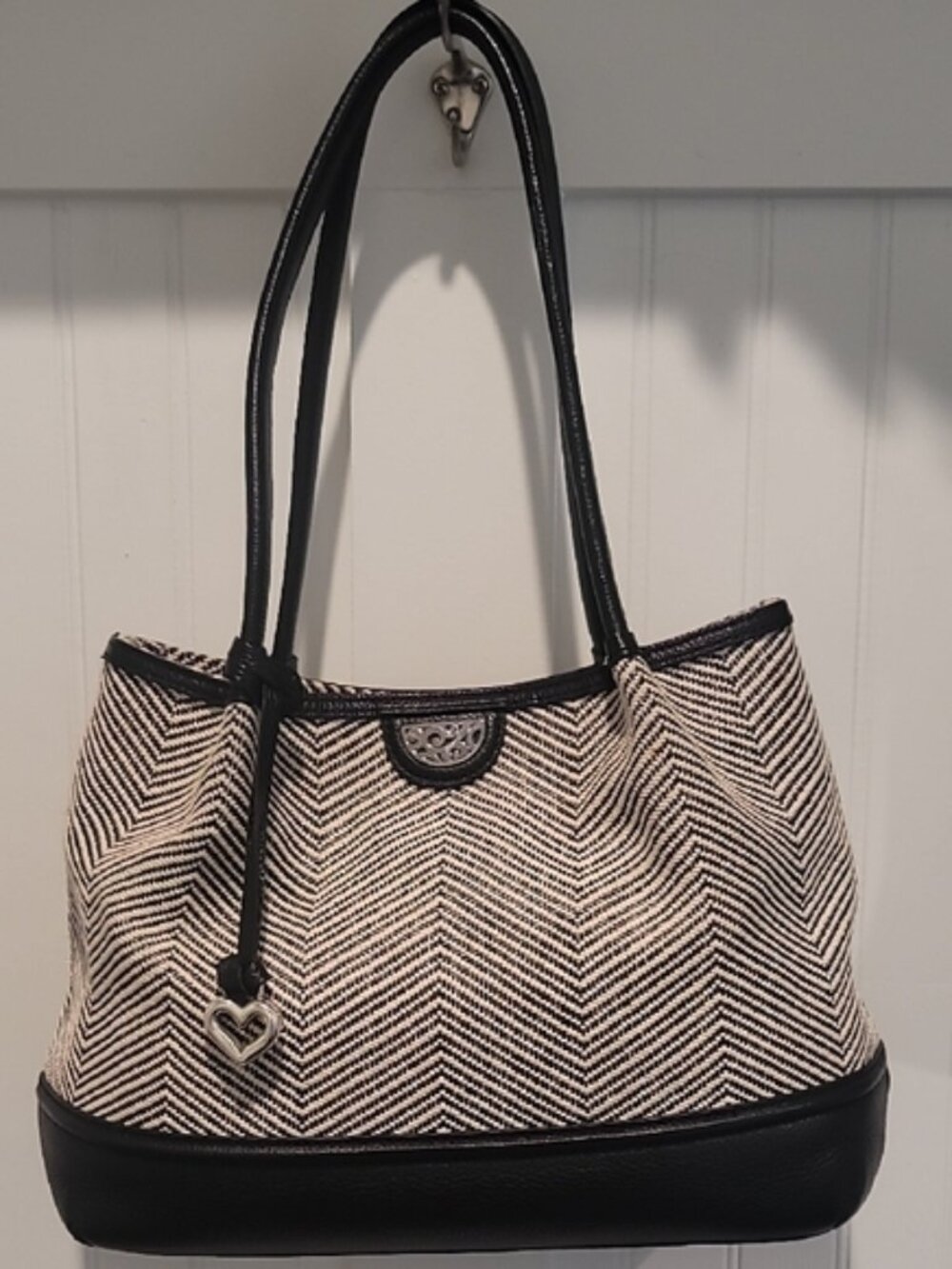 Brighton Black & White Pretty Tough CALA Tote Herringbone Fabric & Leather